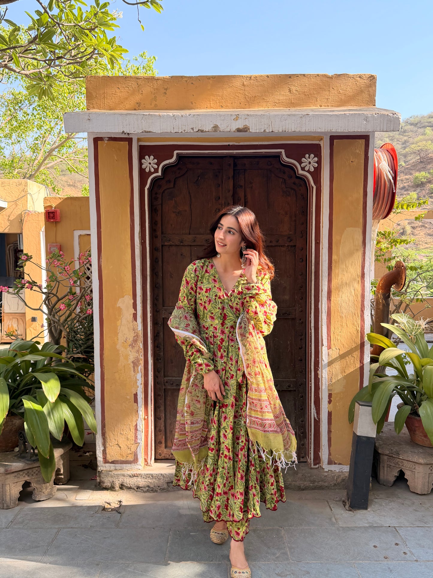 Green floral Anarkali set