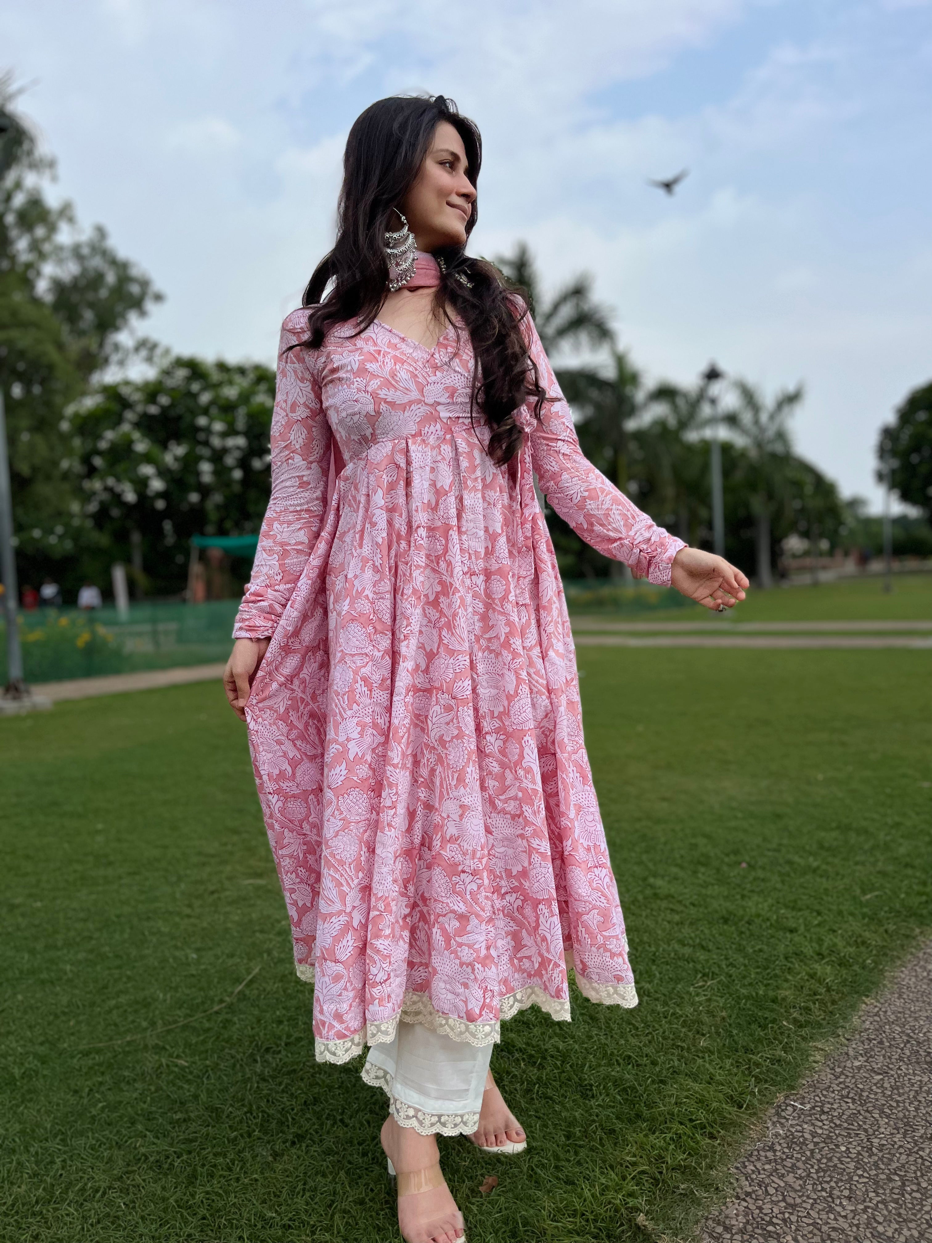 blush pink anarkali dress Majhi Luxe Tissue Light Pink Anarkali Kurta Set