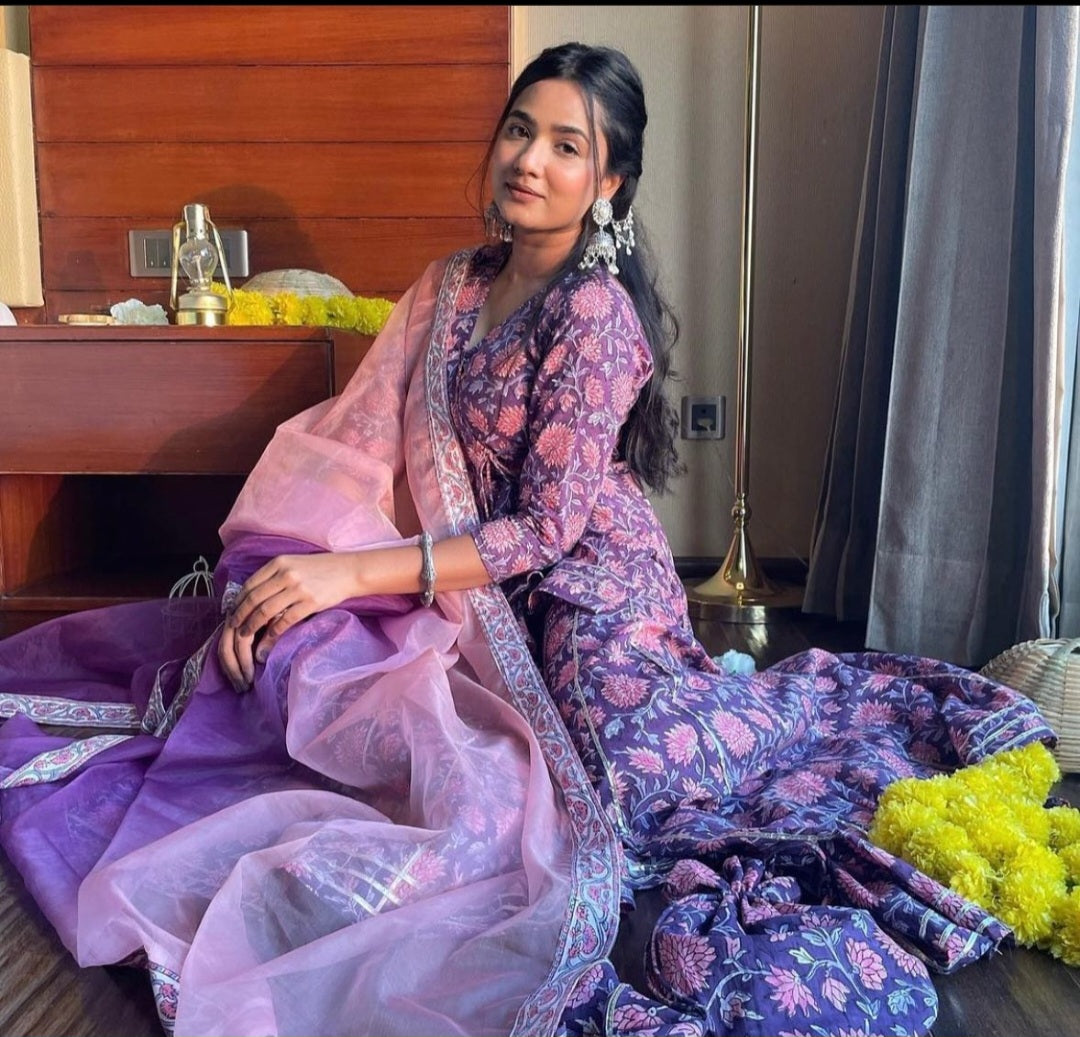 Purple block print sharara set