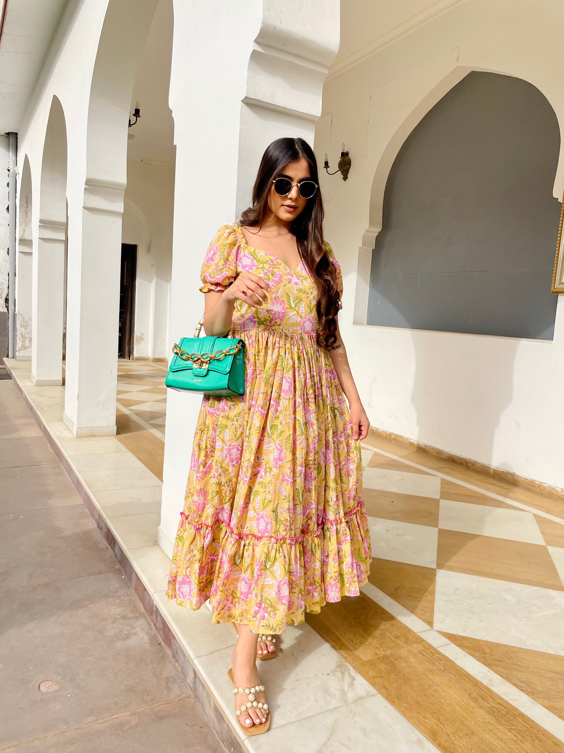 Yellow frill dress – LabelPinkJaipur
