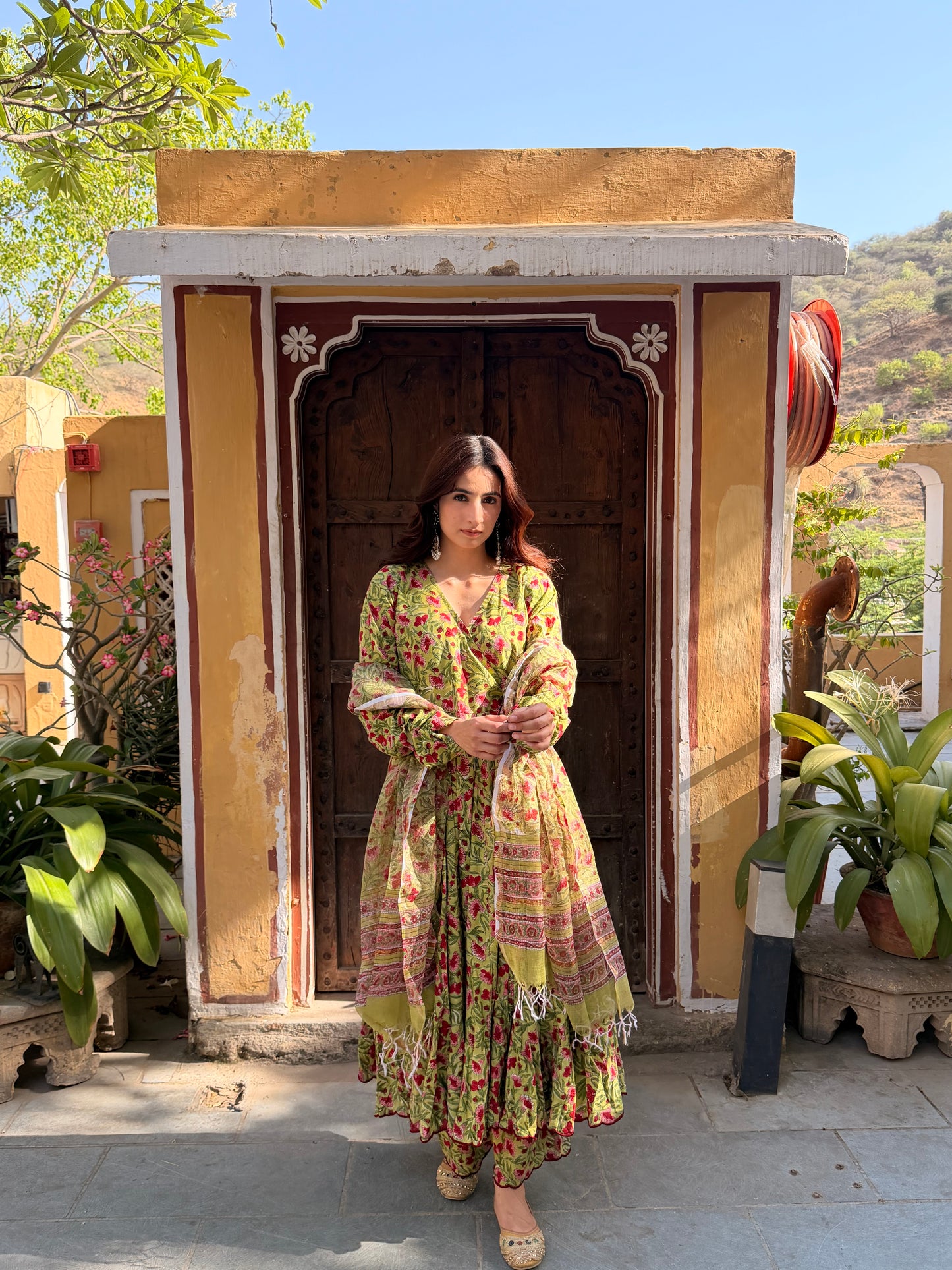 Green floral Anarkali set