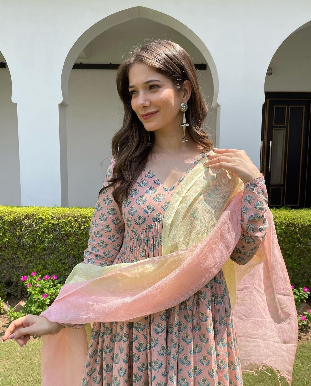 Peach v neck Anarkali